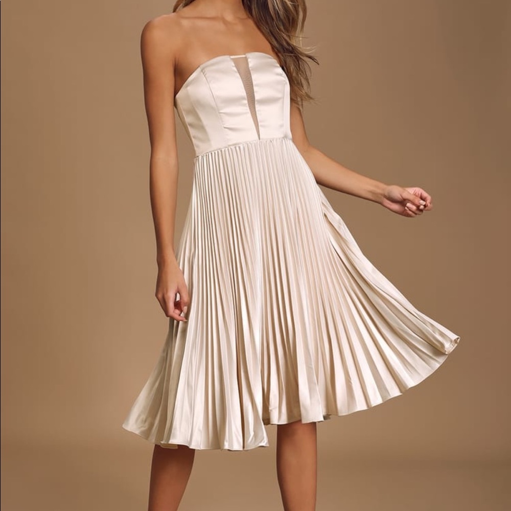Champagne Strapless Pleated Midi Dress